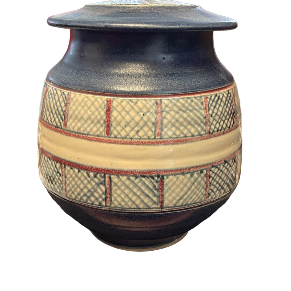 Vintage Blue and Cream Patterned Raku Studio Pottery Vase With Lid